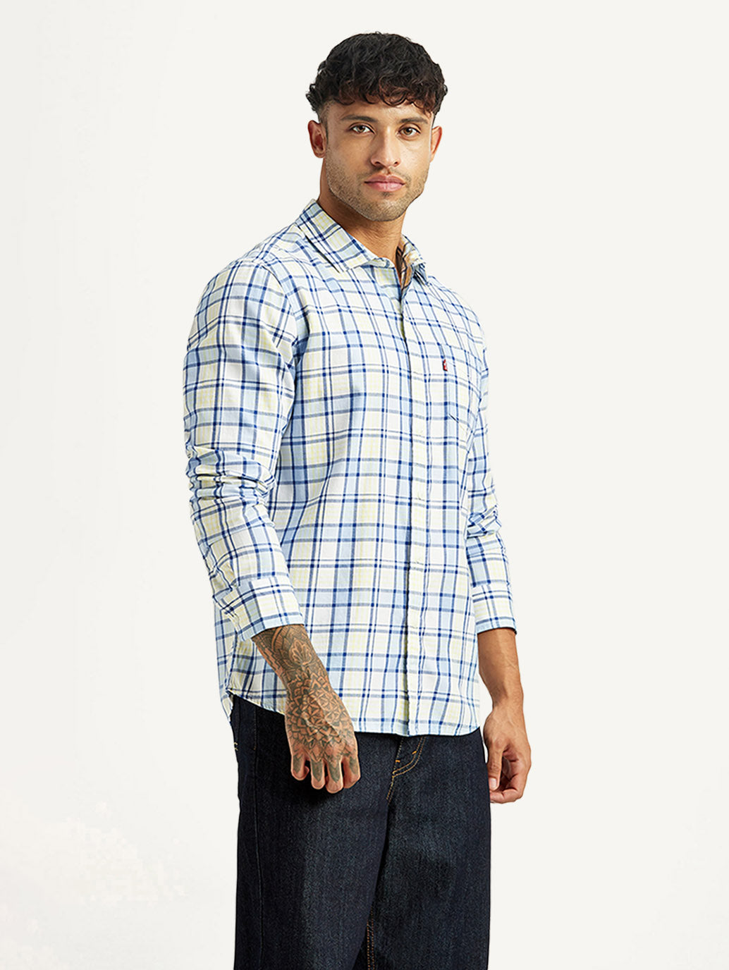 Men's Checkered Blue Slim Fit Shirt - Side View