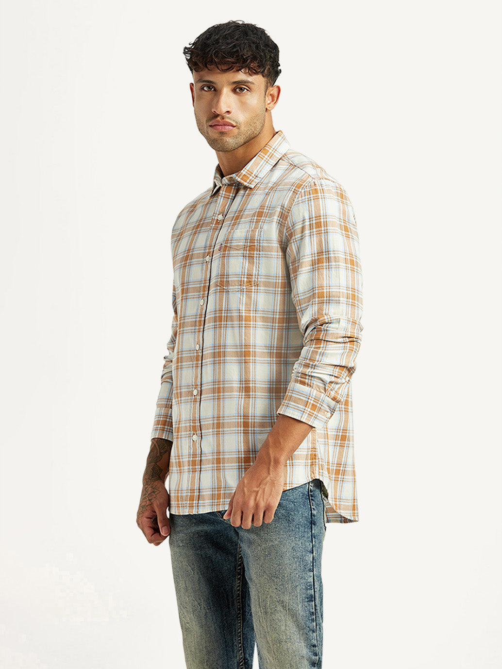 Men's Checkered White Slim Fit Shirt - Side View