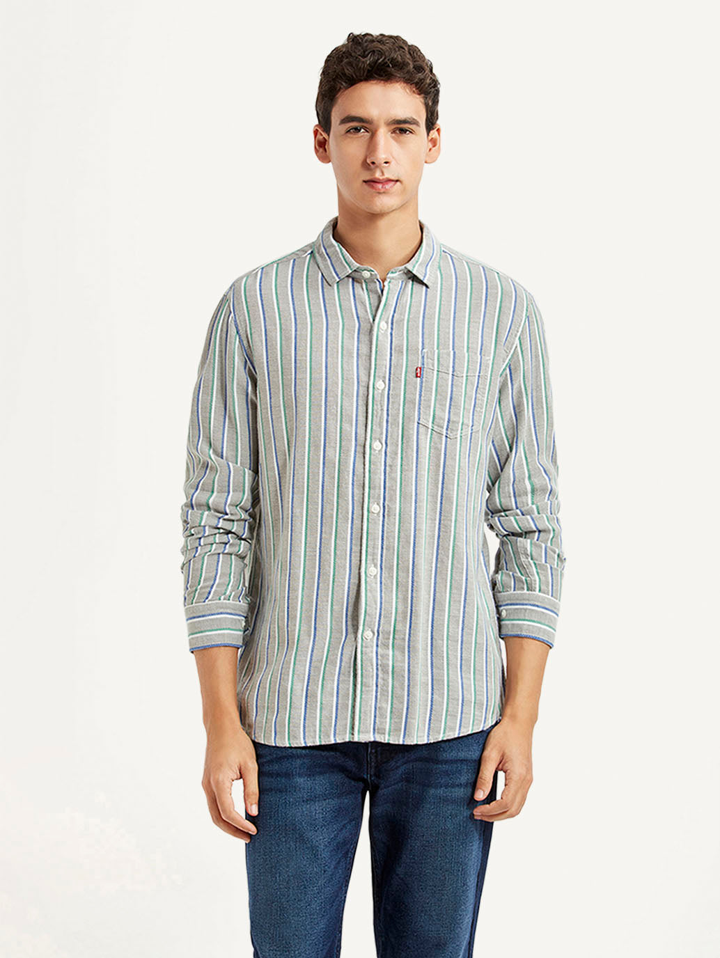 Men's Striped Grey Slim Fit Shirt - Front View