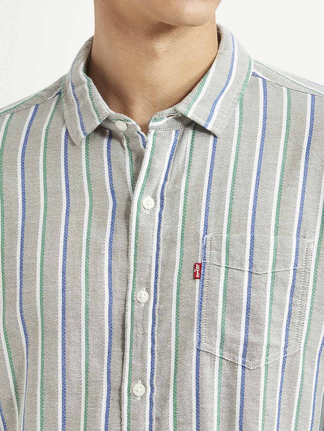Men's Striped Grey Slim Fit Shirt - Detail View