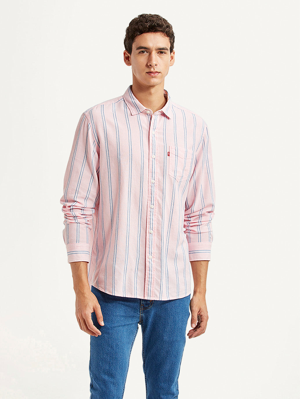 Men's Striped Pink Slim Fit Shirt - Front View