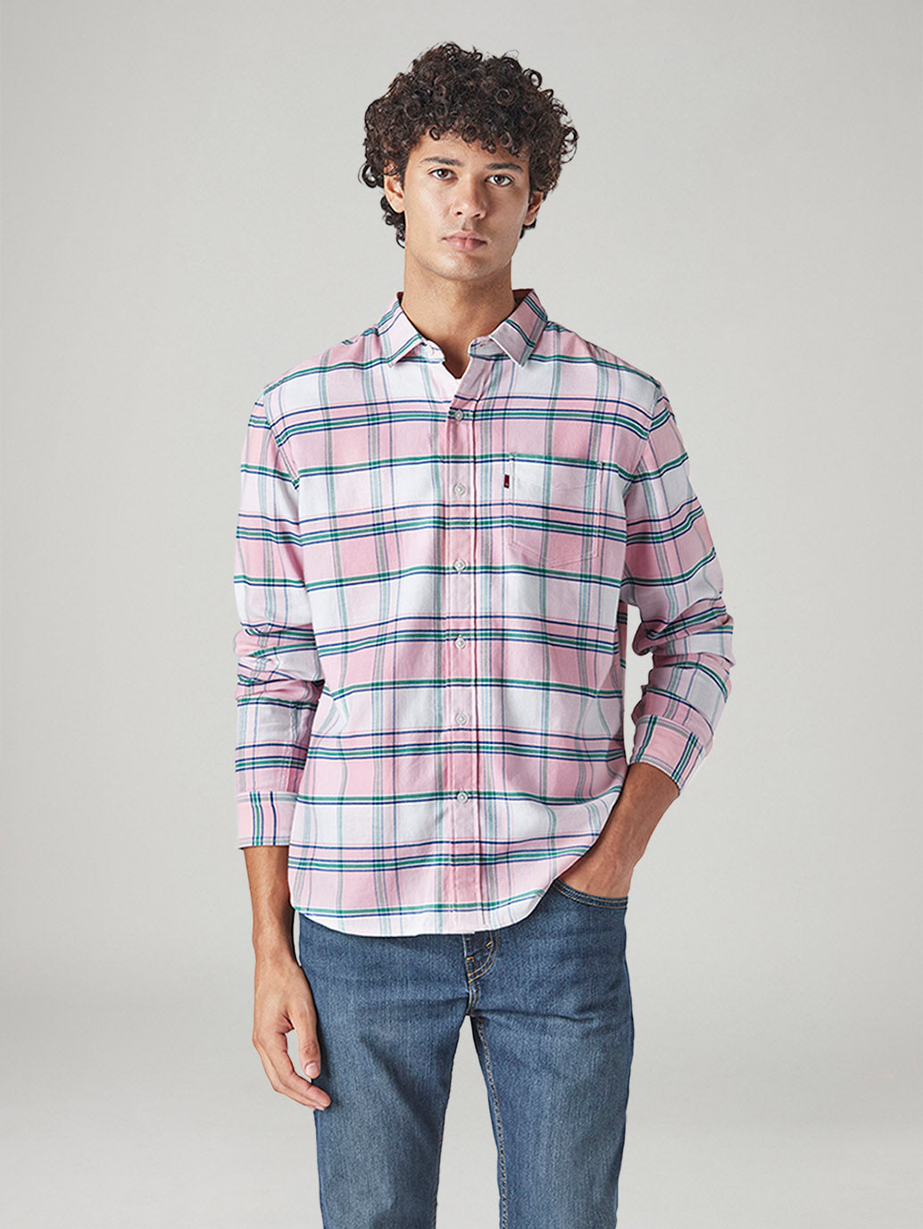 Men's Checkered Slim Fit Dobby Shirt - Front View