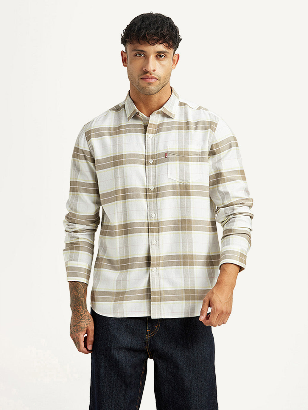 Men's Checkered White Slim Fit Shirt - Front View