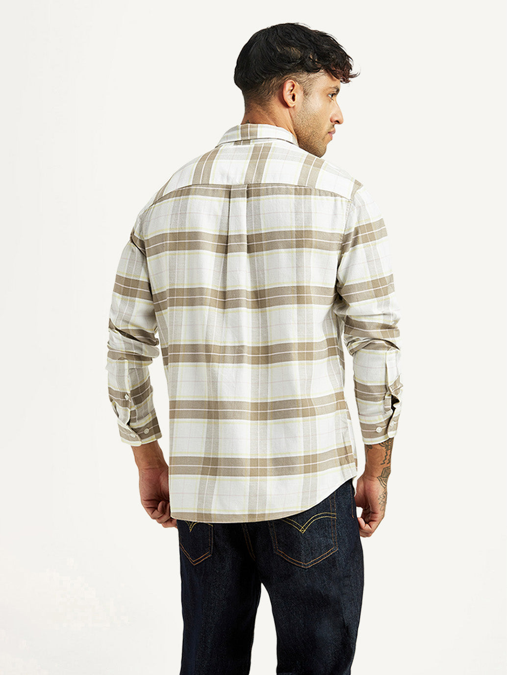 Men's Checkered White Slim Fit Shirt - Back View