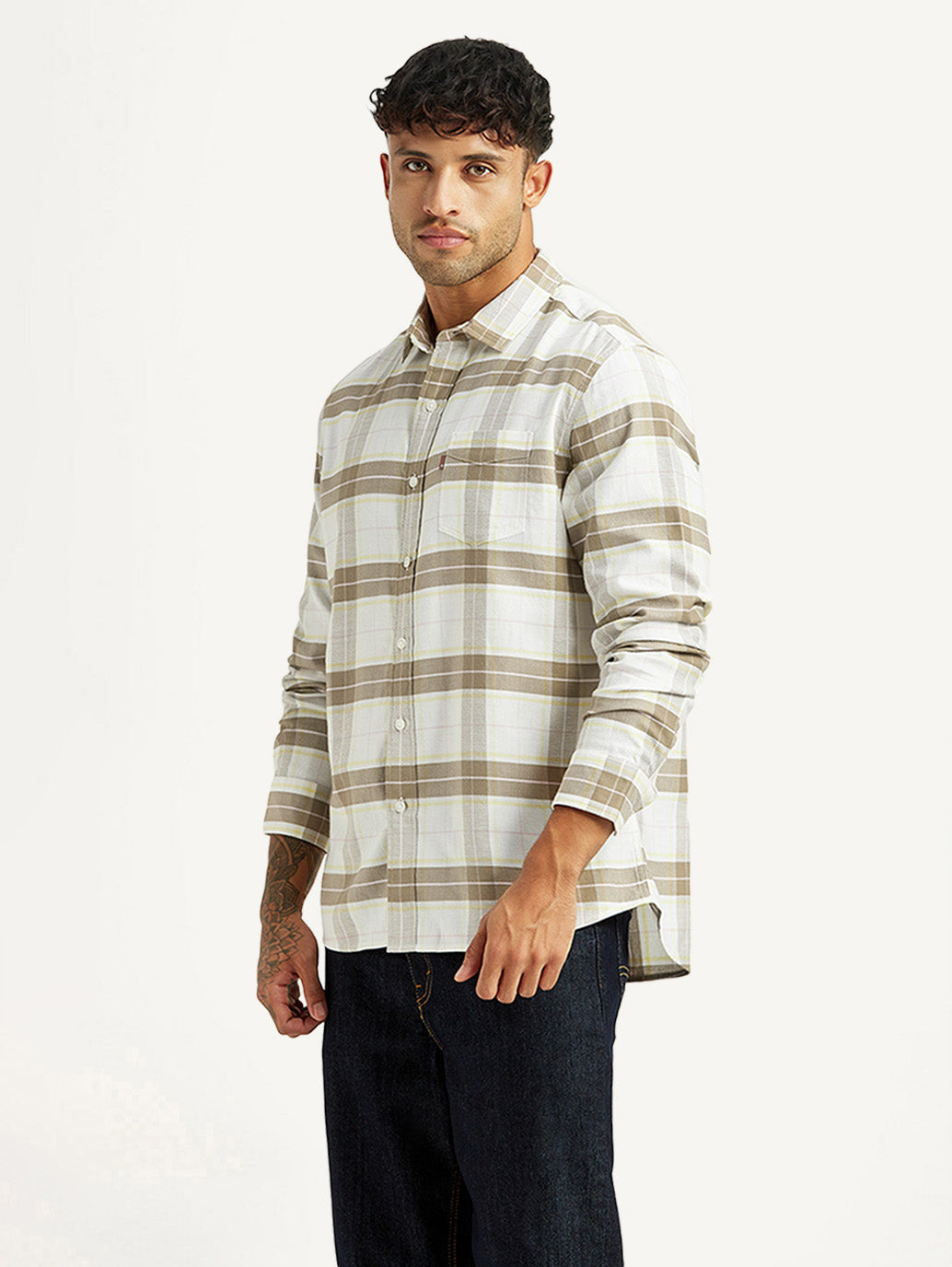 Men's Checkered White Slim Fit Shirt - Side View