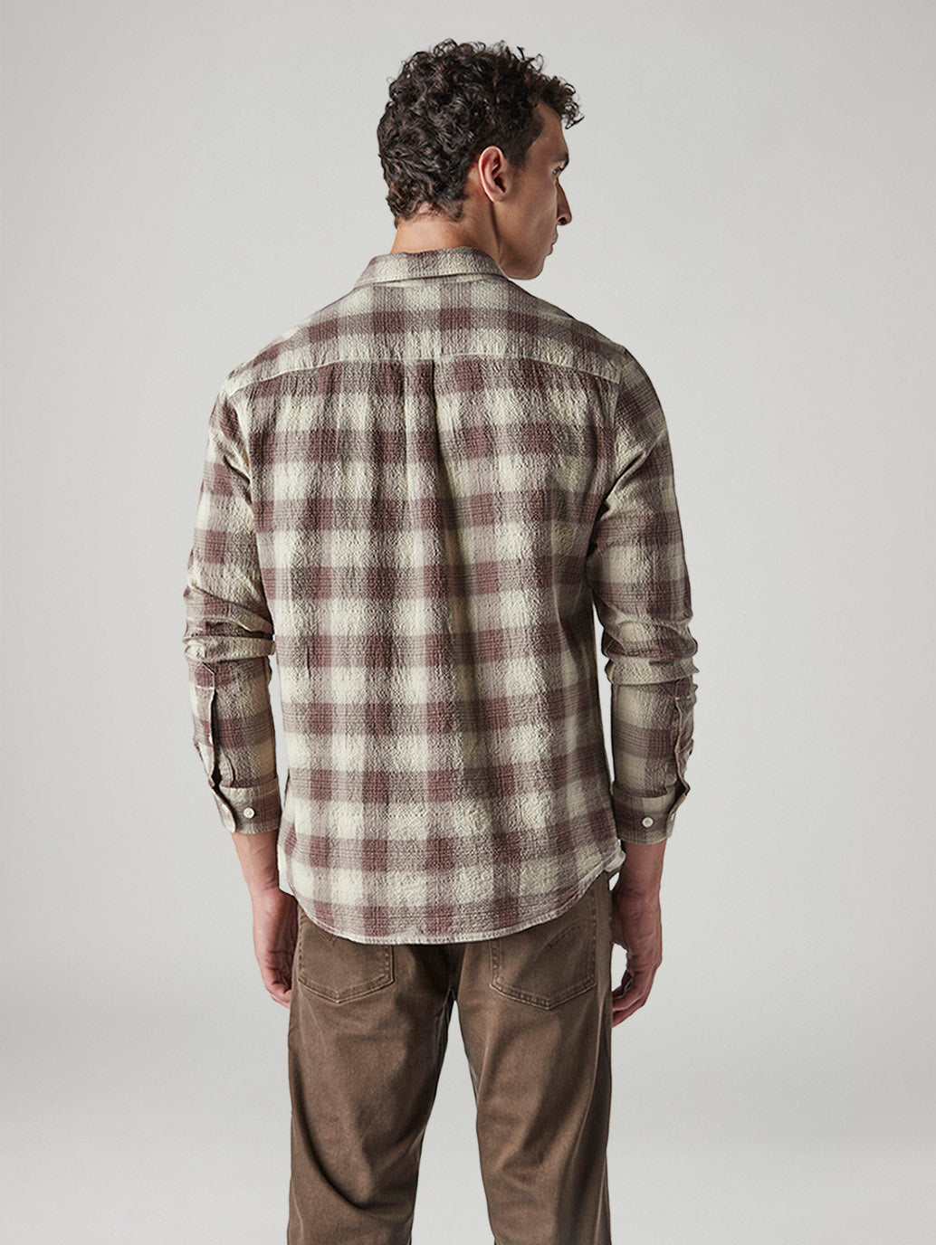 Men's Checkered Slim Fit Textured Shirt - Back View