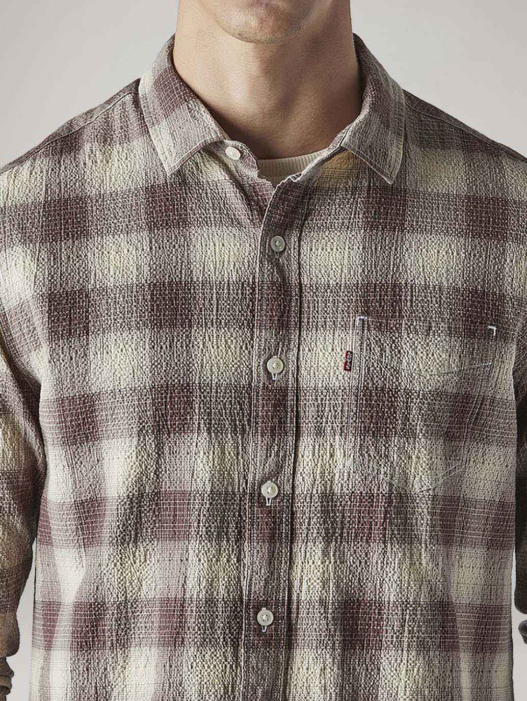 Men's Checkered Slim Fit Textured Shirt - Detail View