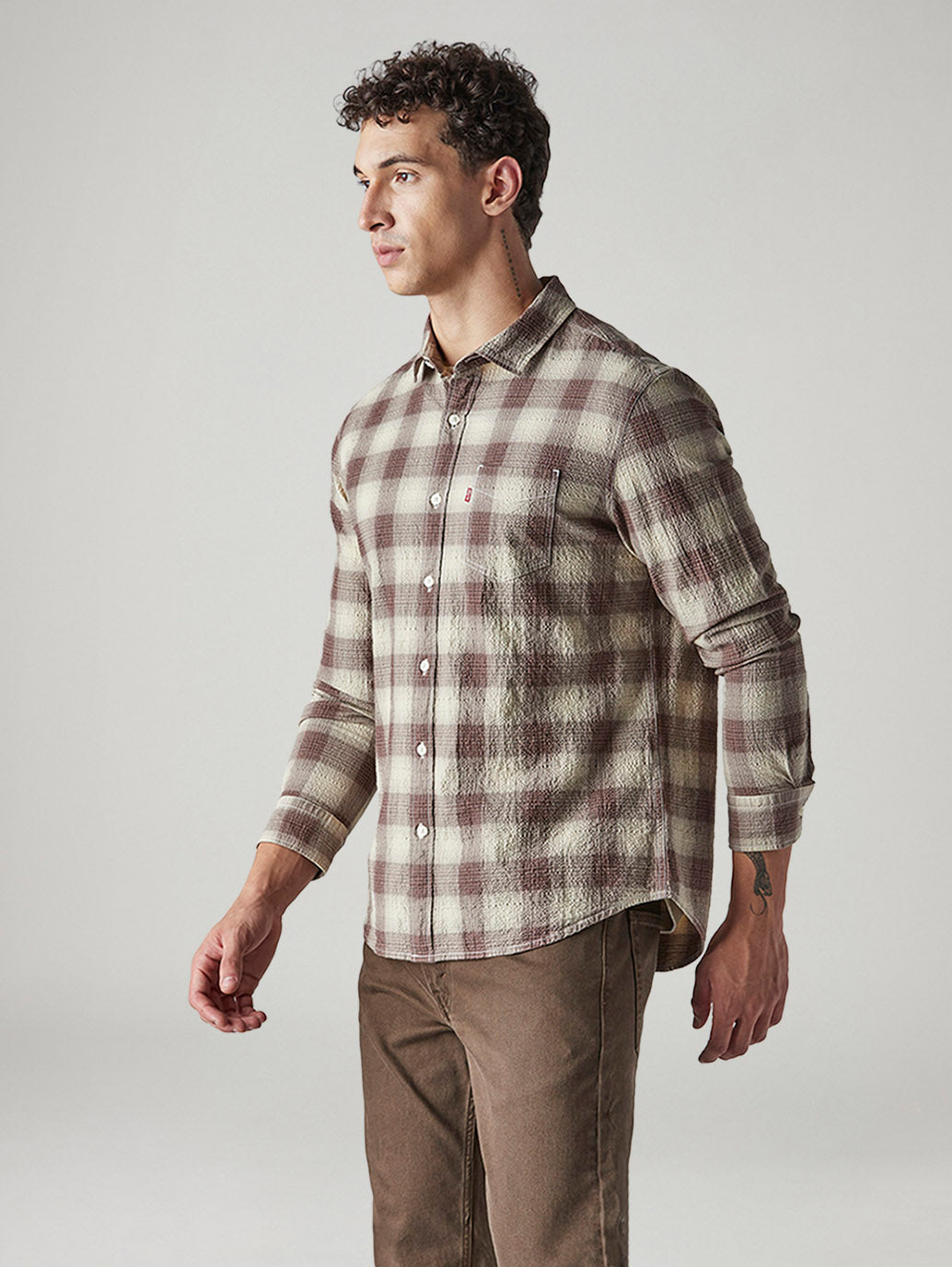 Men's Checkered Slim Fit Textured Shirt - Side View
