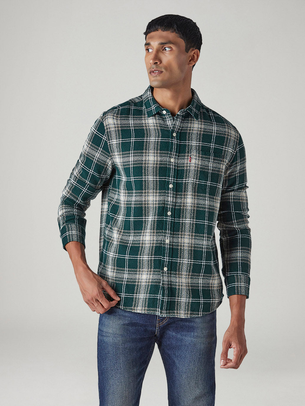 Men's Checkered Slim Fit Crepe Shirt - Front View
