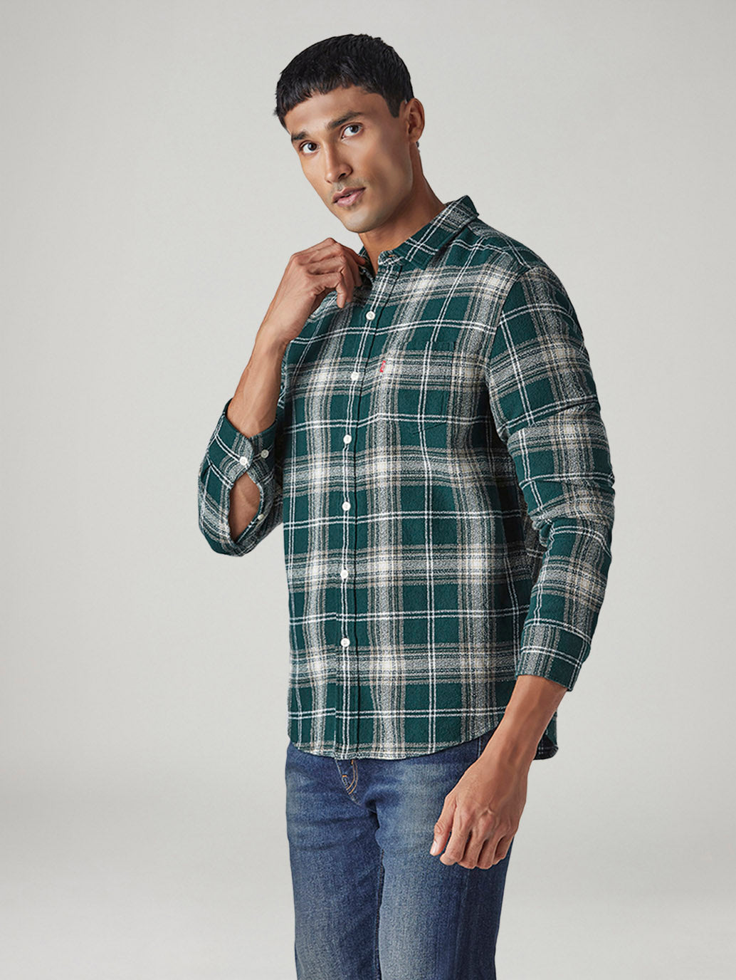 Men's Checkered Slim Fit Crepe Shirt - Side View