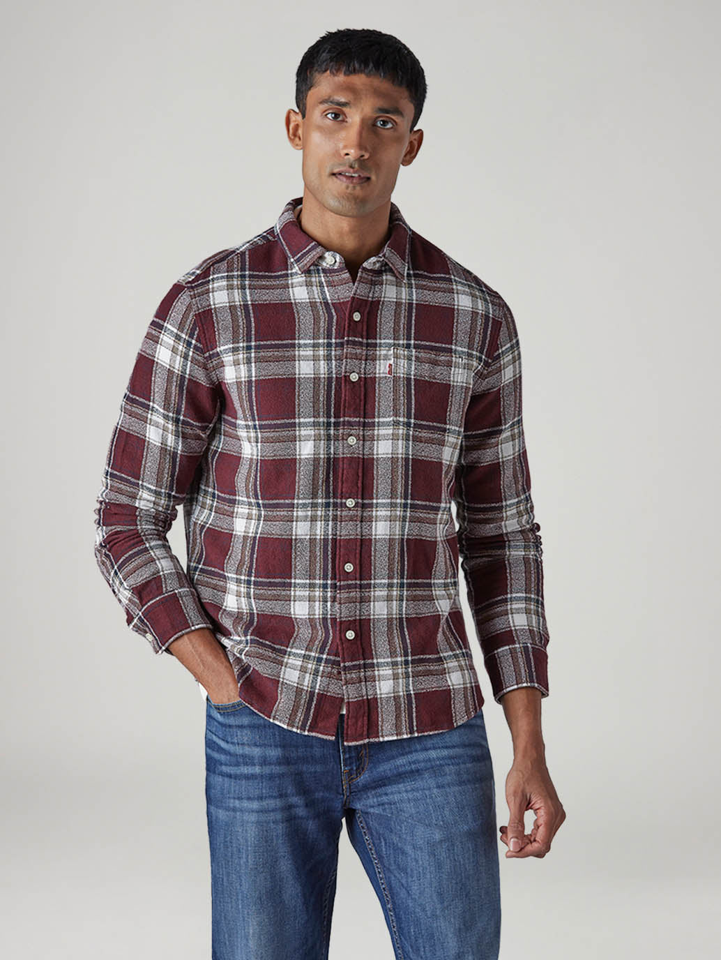 Men's Plaid Slim Fit Crepe Shirt - Front View