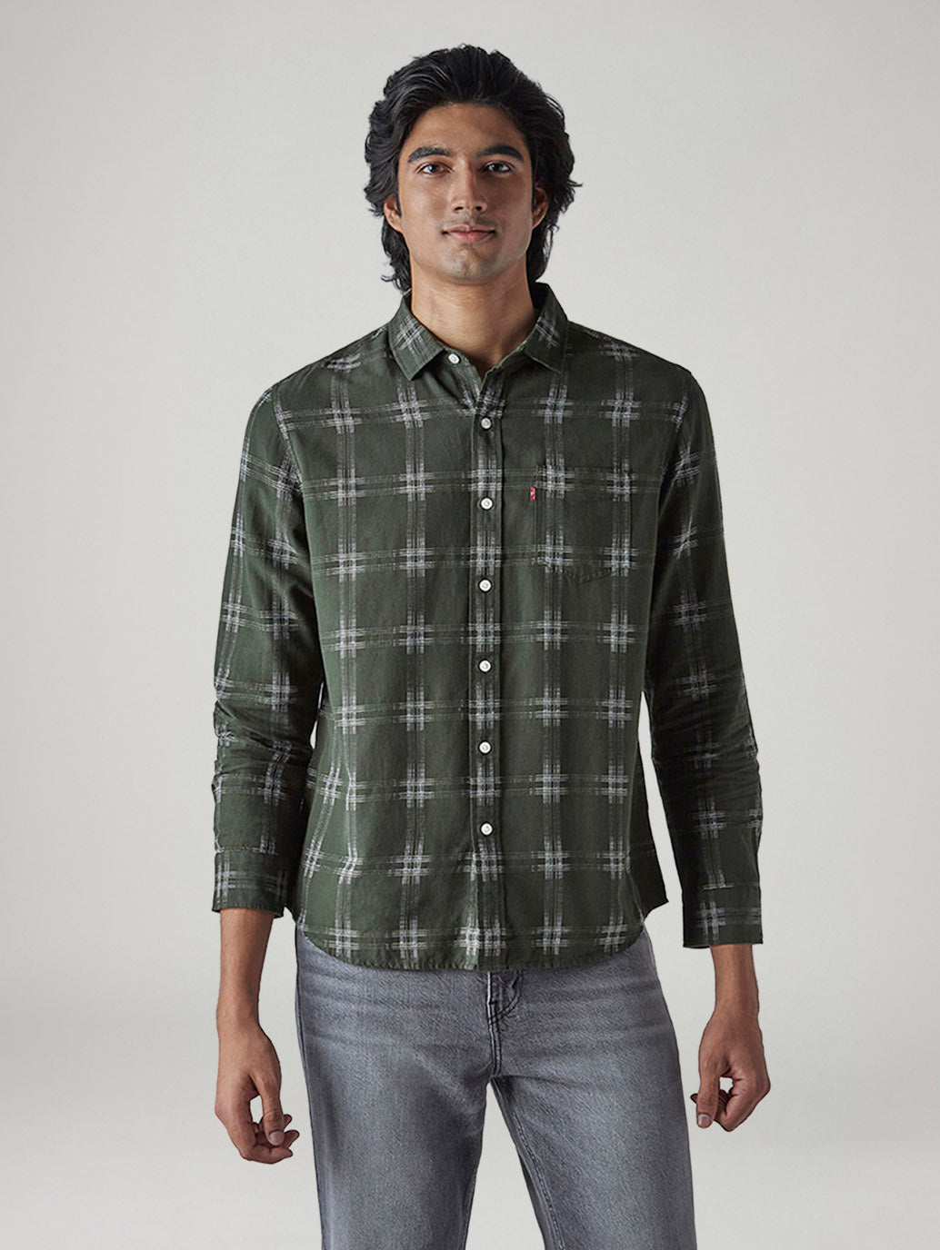 Men's Checkered Slim Fit Dobby Shirt - Front View