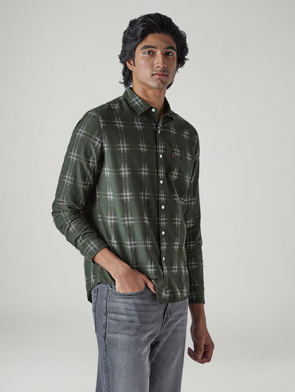 Men's Checkered Slim Fit Dobby Shirt - Side View