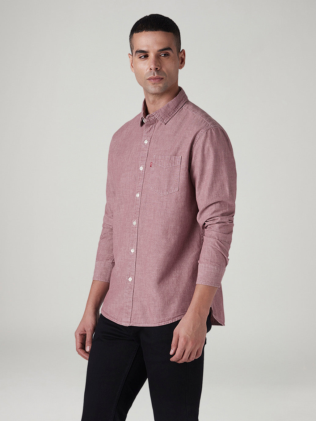 Men's Solid Slim Fit Overdyed Chambray Shirt - Side View