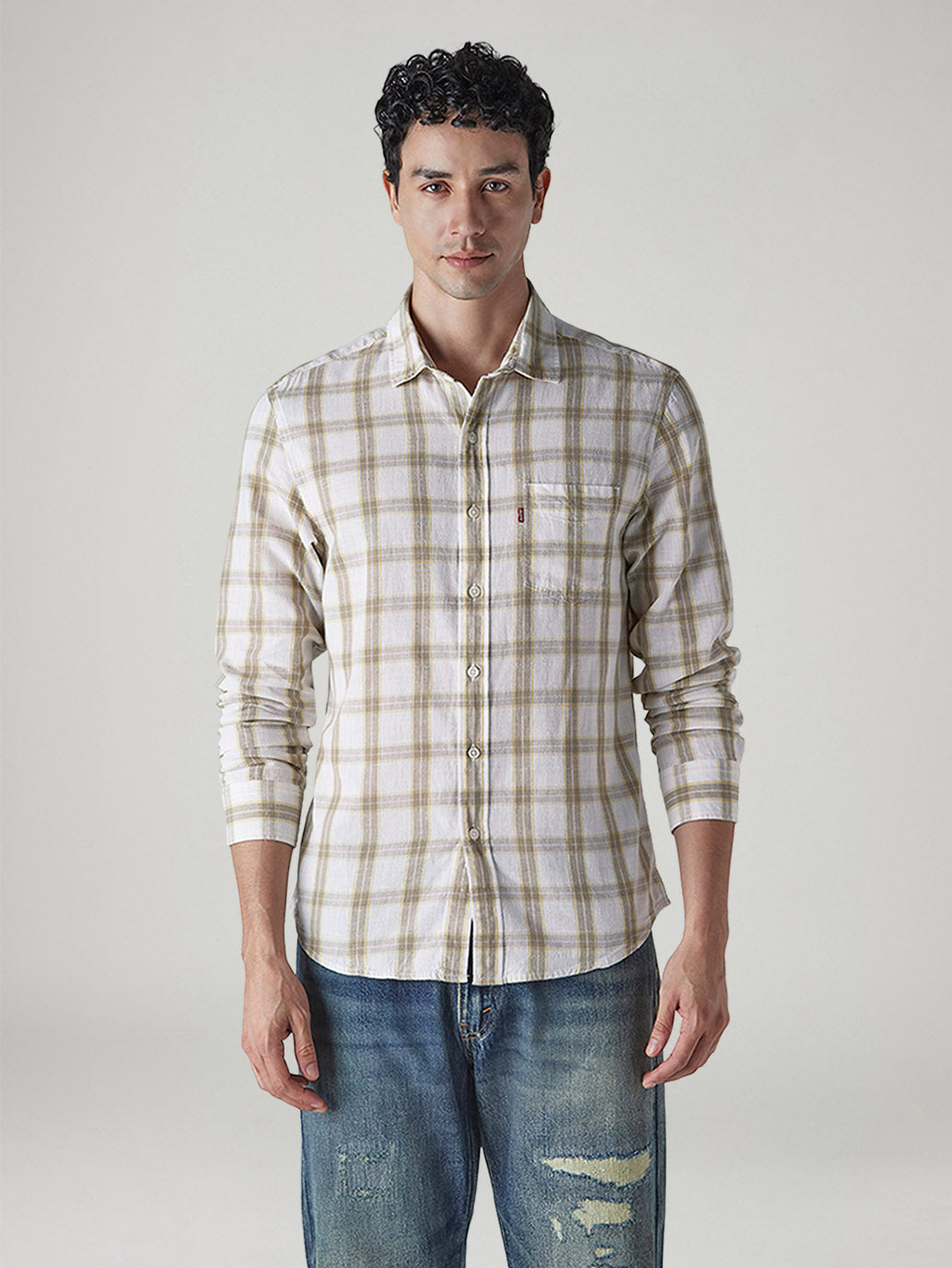 Men's Checkered Slim Fit Linen Shirt - Front View