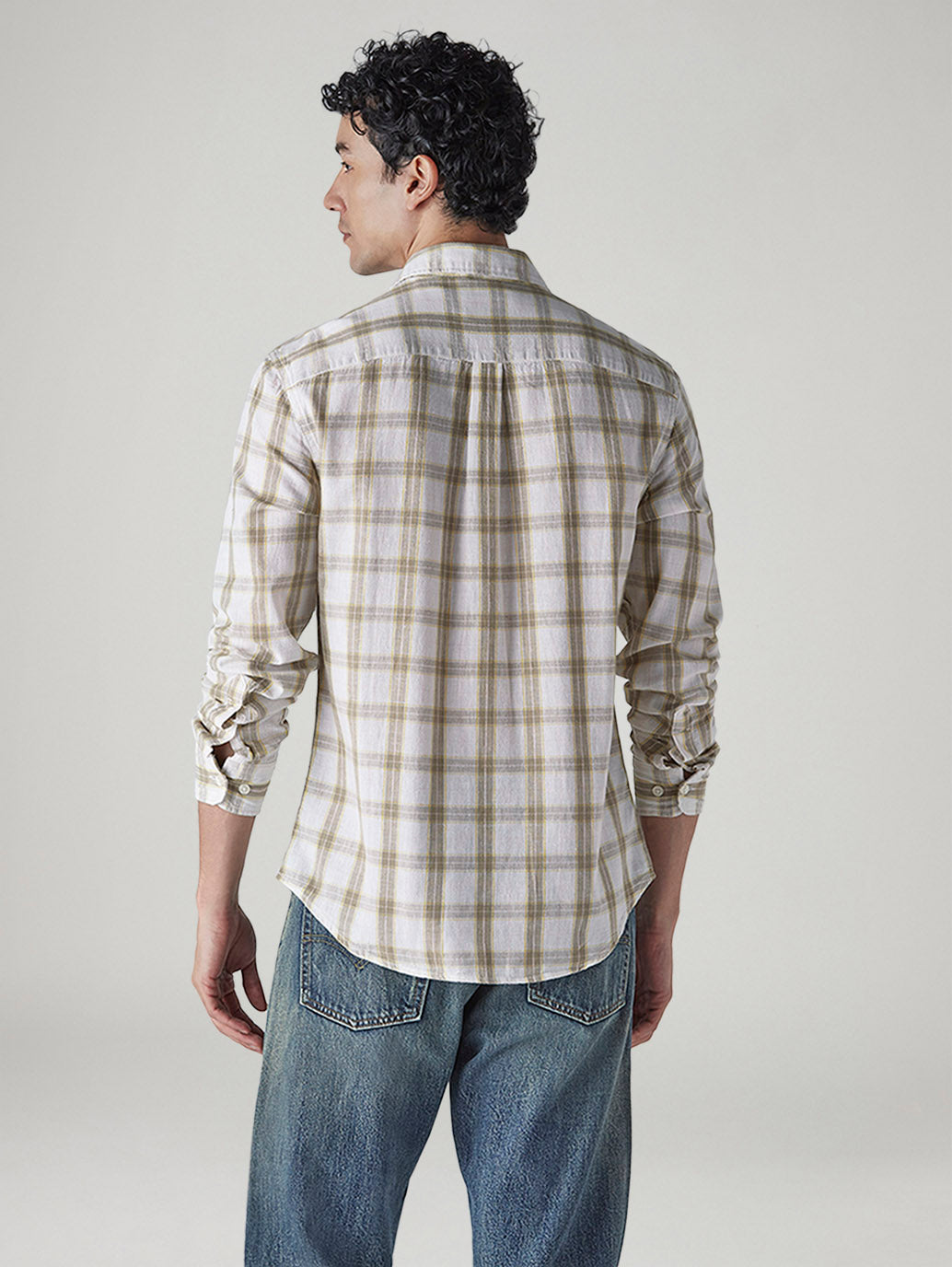 Men's Checkered Slim Fit Linen Shirt - Back View