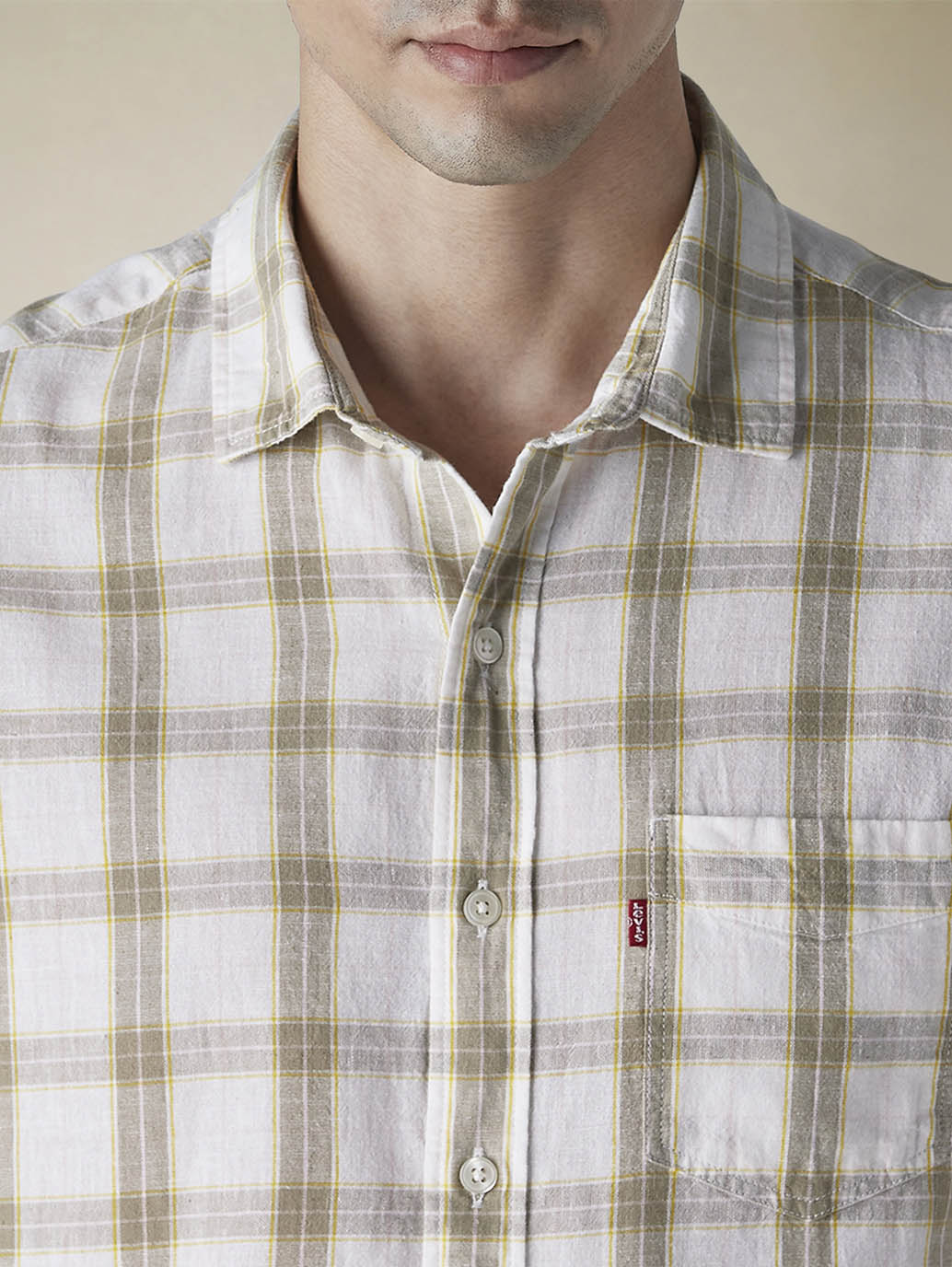 Men's Checkered Slim Fit Linen Shirt - Detail View