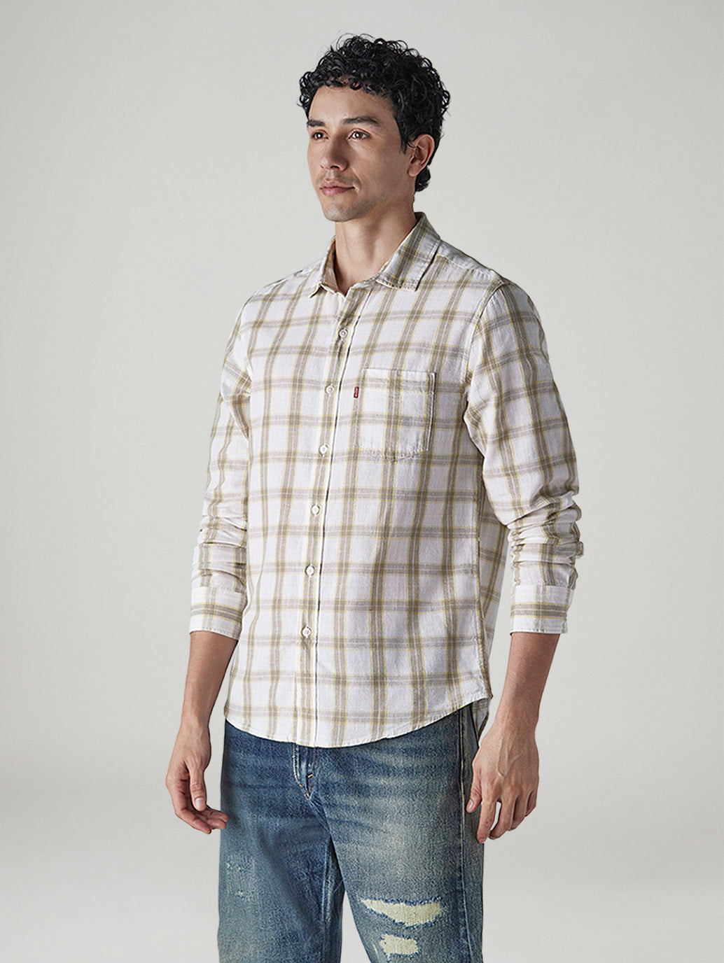Men's Checkered Slim Fit Linen Shirt - Side View