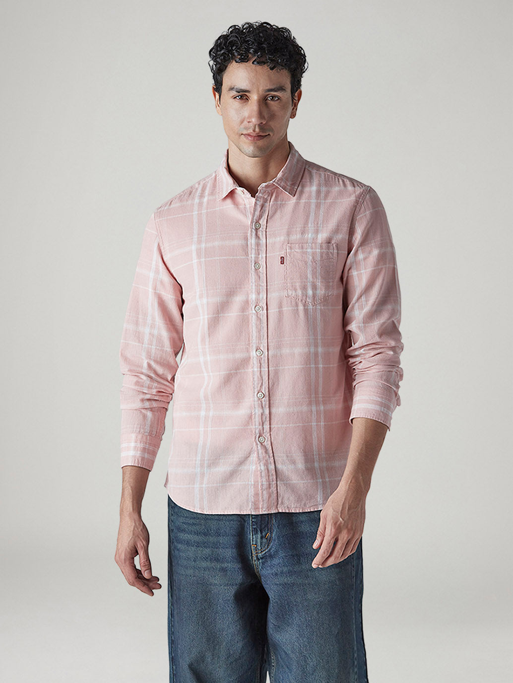 Men's Checkered Slim Fit Linen Shirt - Front View