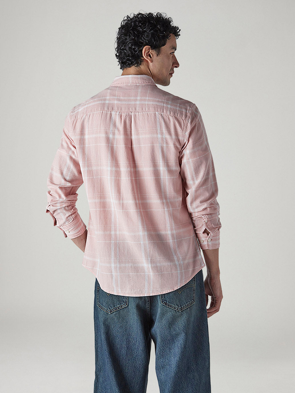 Men's Checkered Slim Fit Linen Shirt - Back View