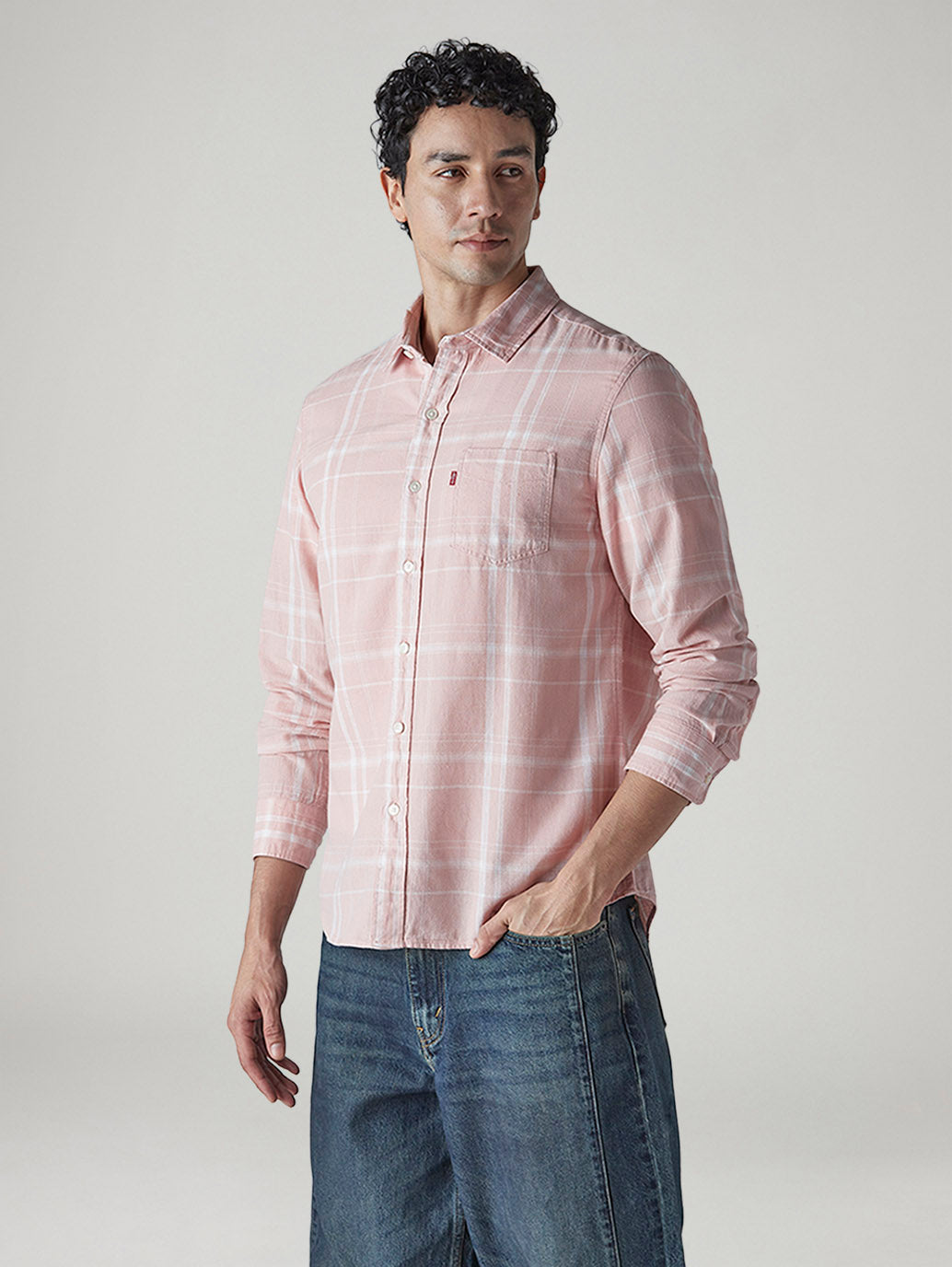 Men's Checkered Slim Fit Linen Shirt - Side View