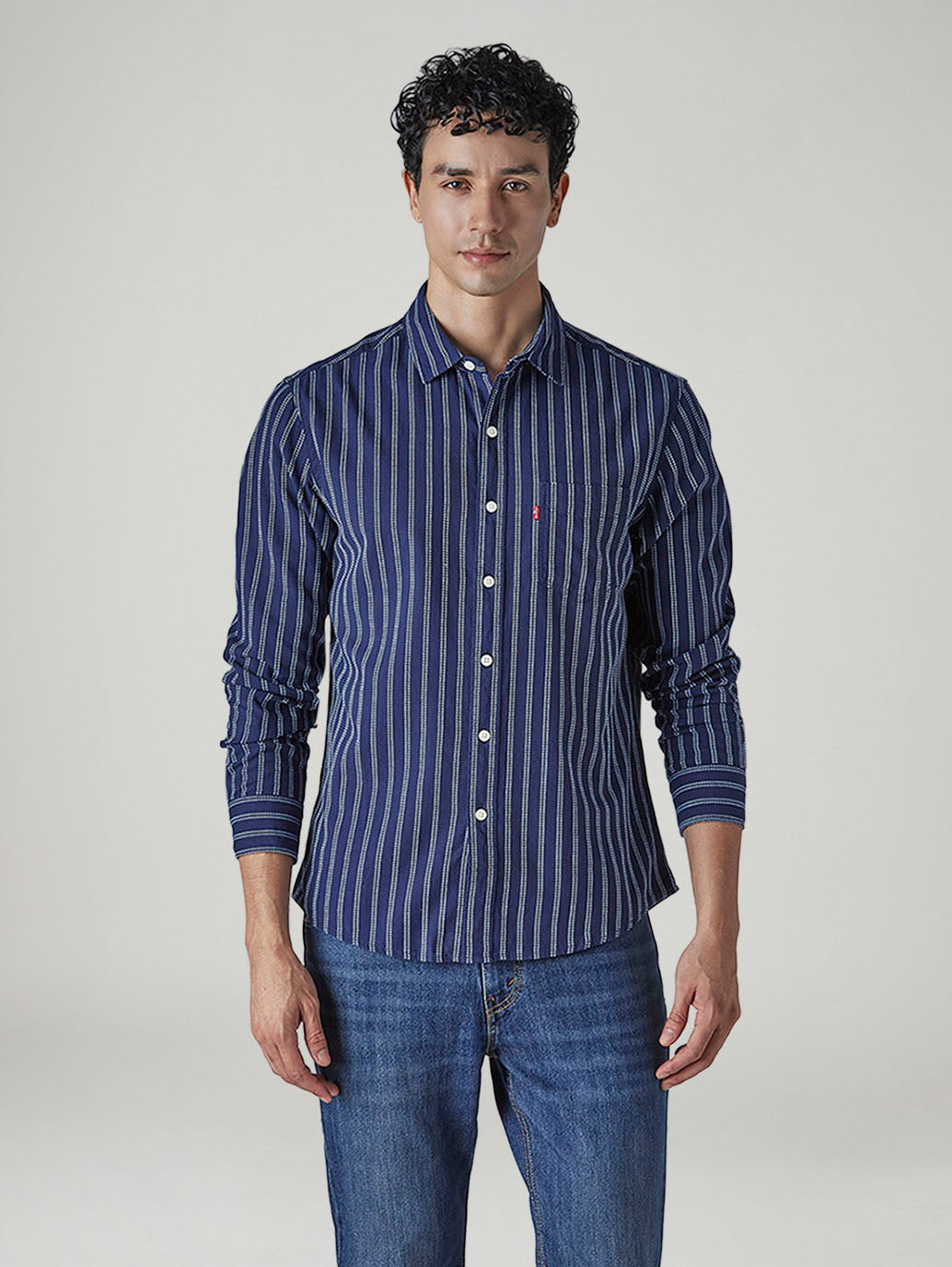 Men's Striped Relaxed Fit Dobby Shirt - Front View