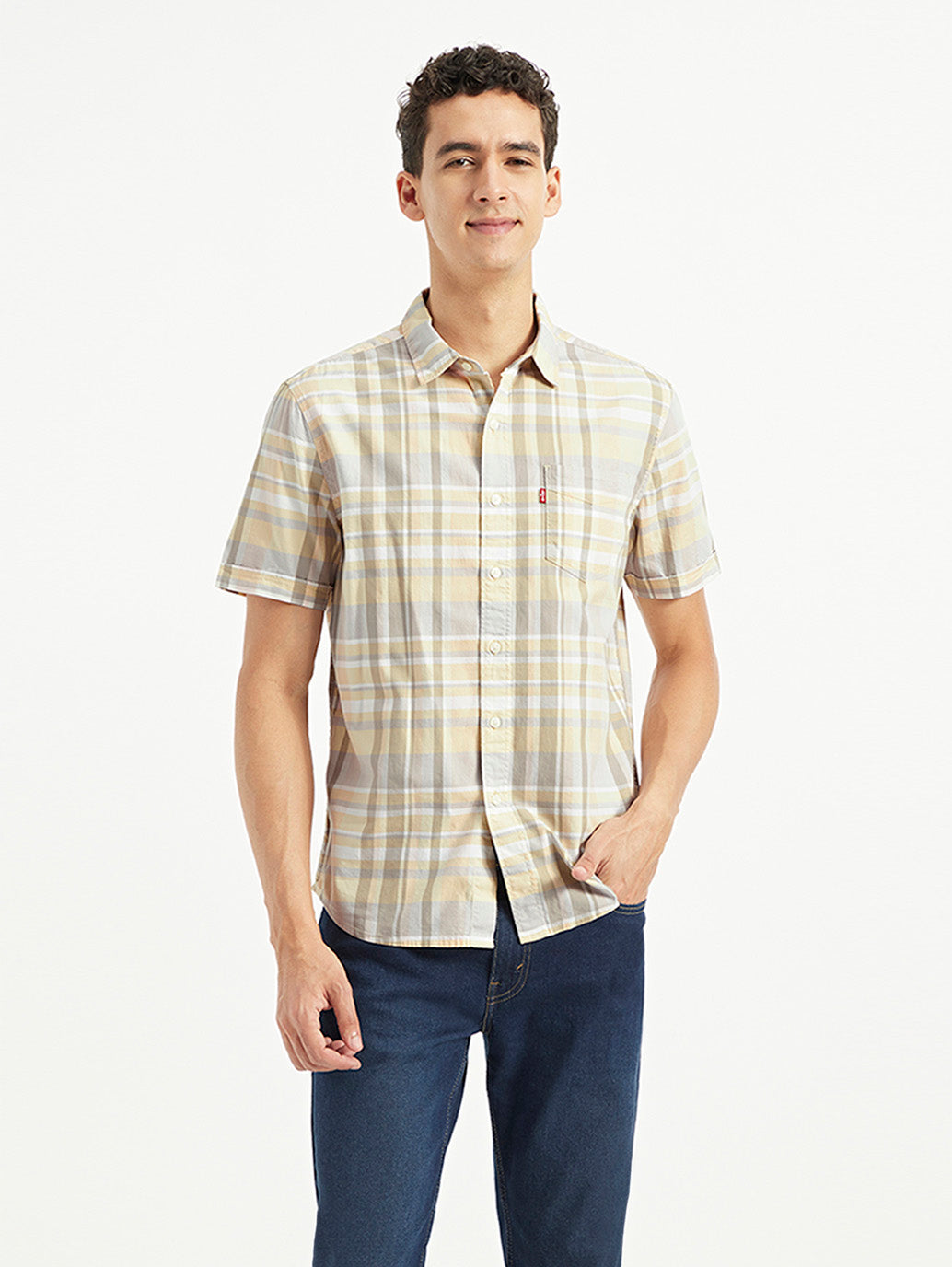 Men's Checkered Slim Fit Oxford Shirt - Front View