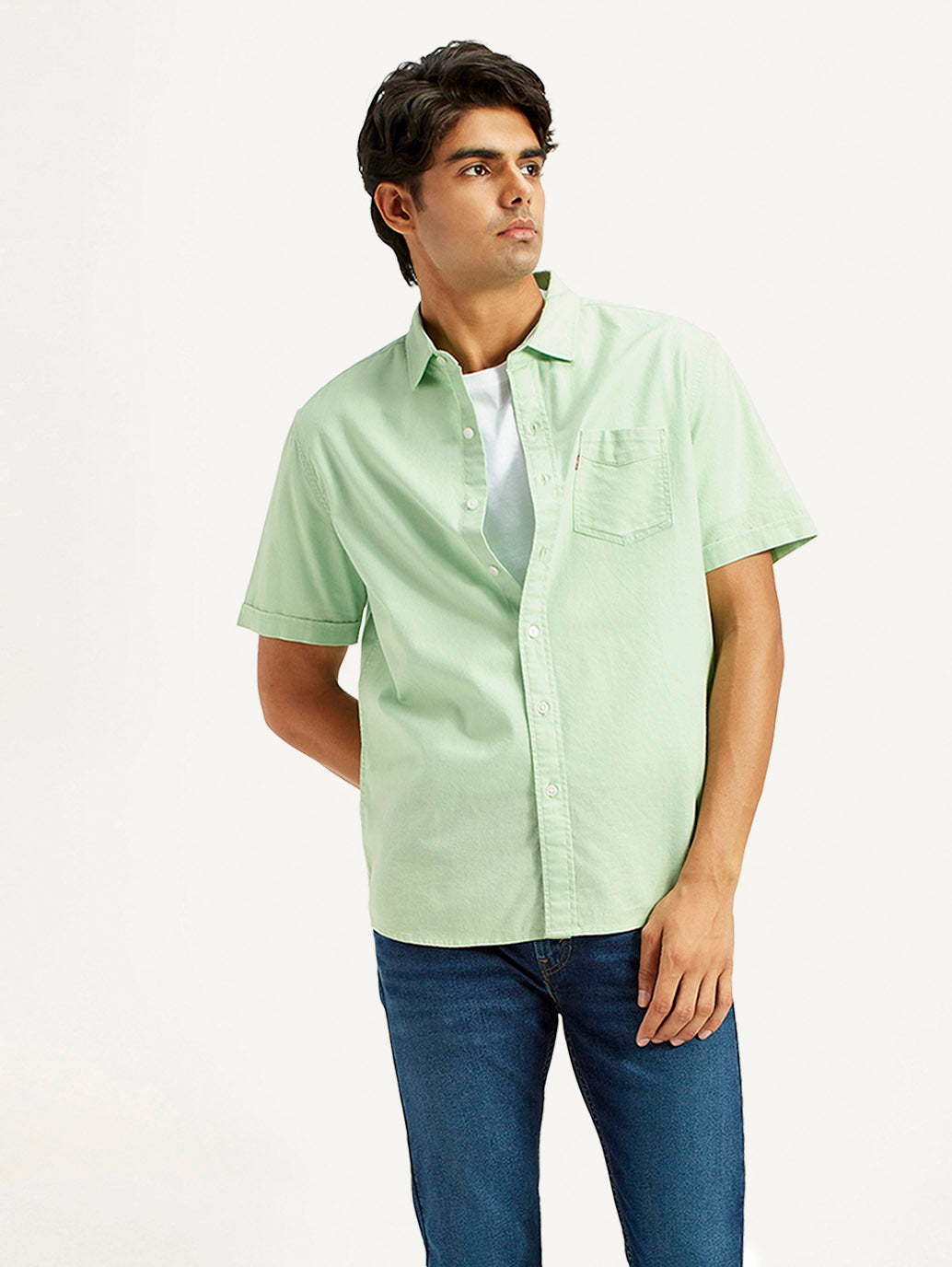 Men's Solid Green Spread Collar Shirt