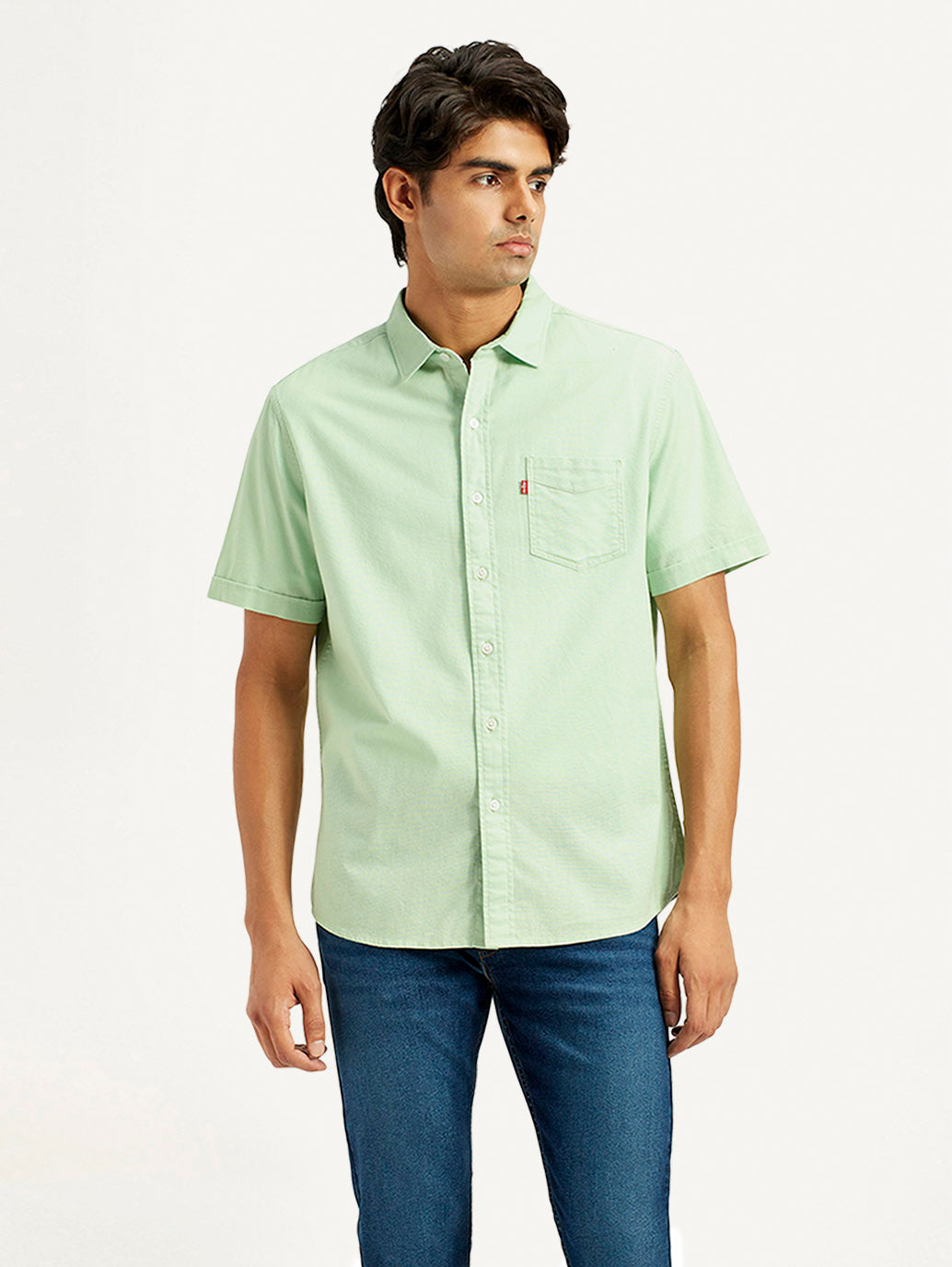 Men's Solid Green Spread Collar Shirt - Front View