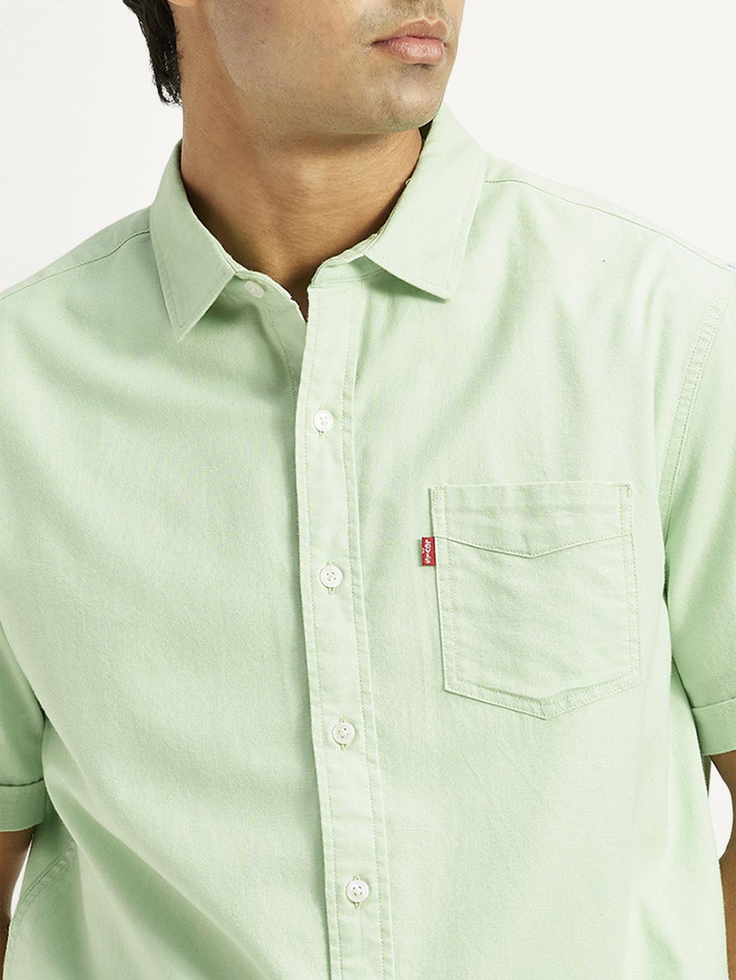 Men's Solid Green Spread Collar Shirt - Detail View