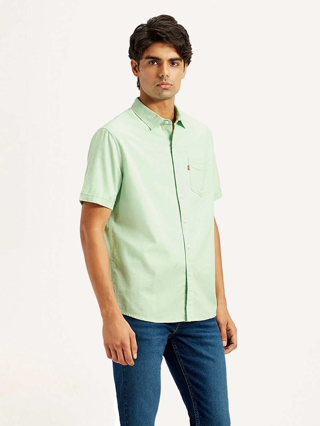Men's Solid Green Spread Collar Shirt - Side View