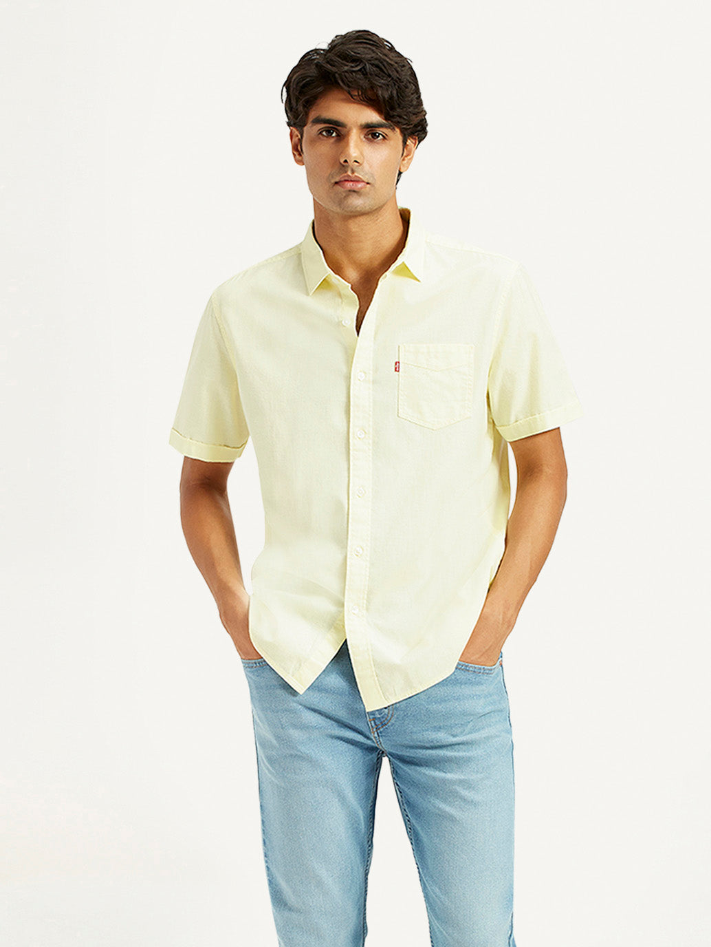 Men's Solid Yellow Spread Collar Shirt - Styleshot View