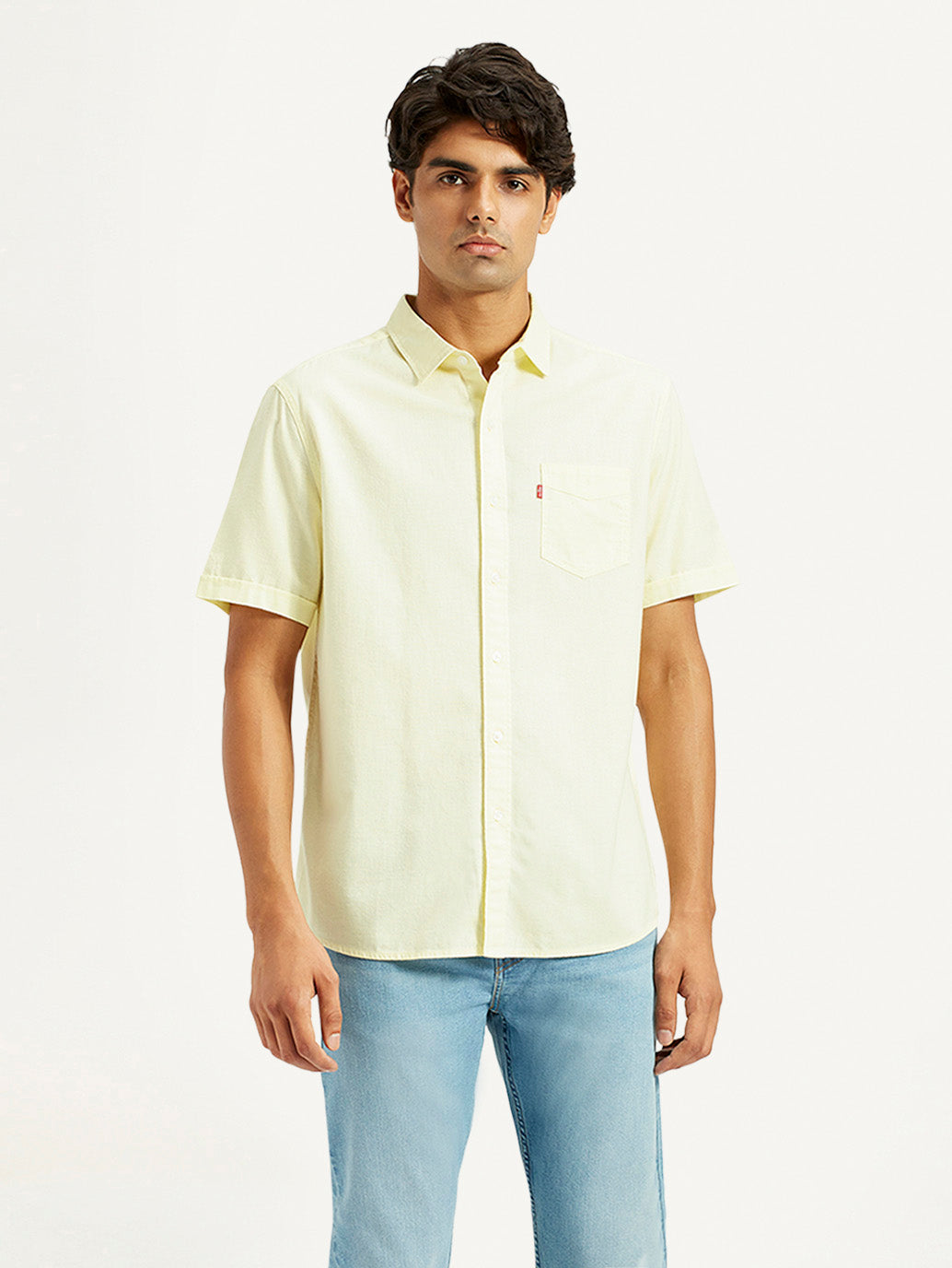 Men's Solid Yellow Spread Collar Shirt - Front View