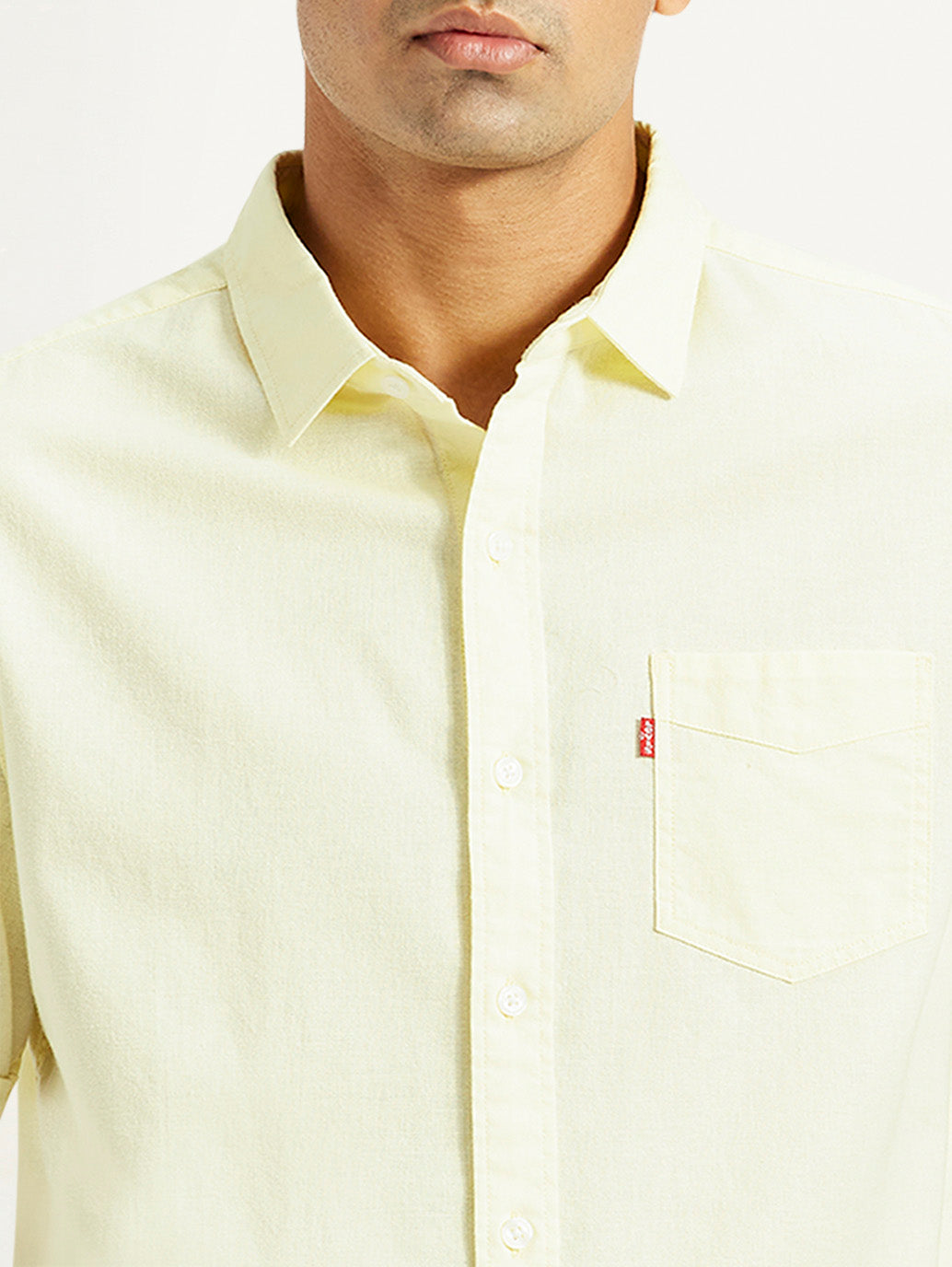 Men's Solid Yellow Spread Collar Shirt - Detail View