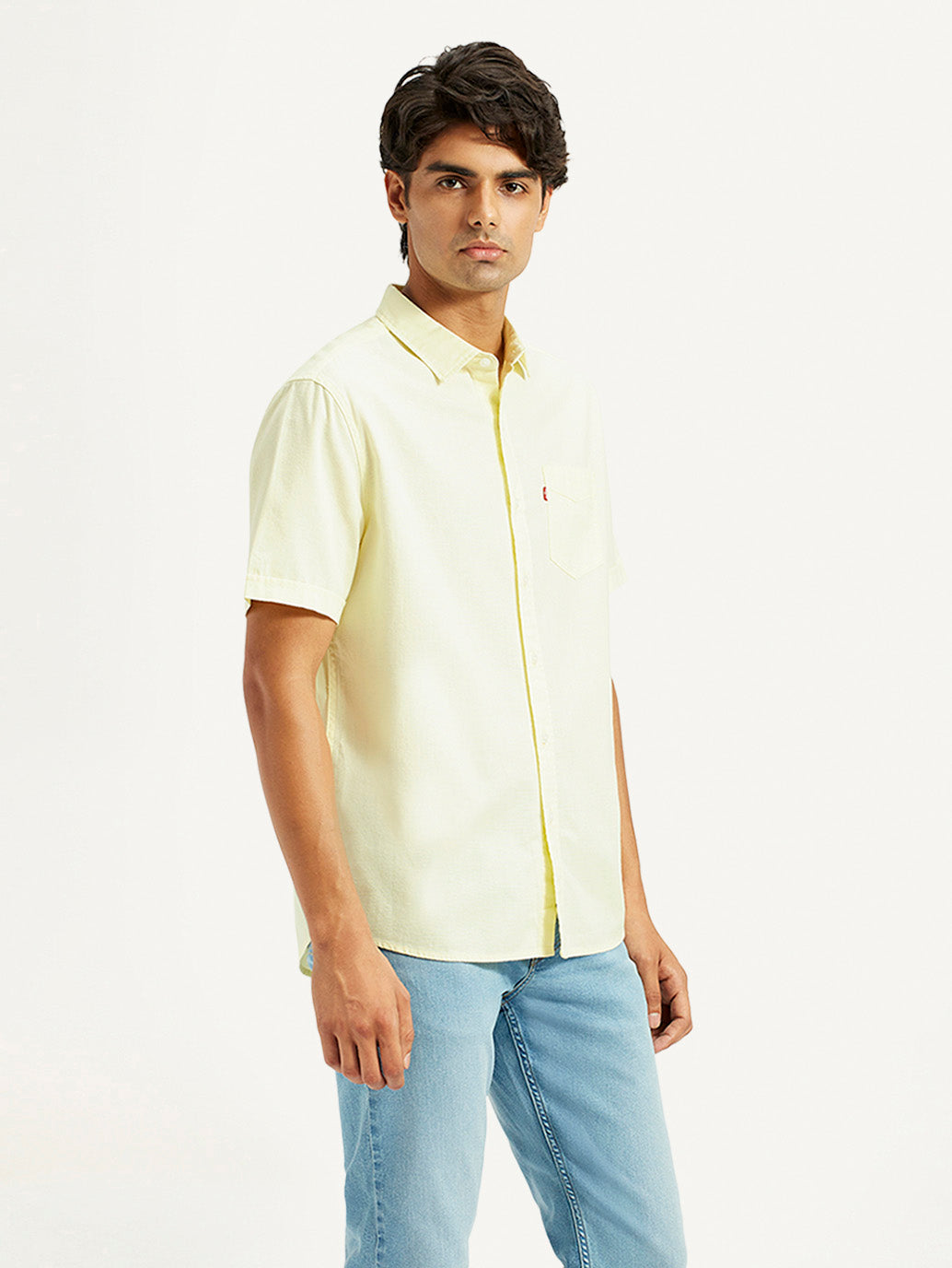 Men's Solid Yellow Spread Collar Shirt - Side View