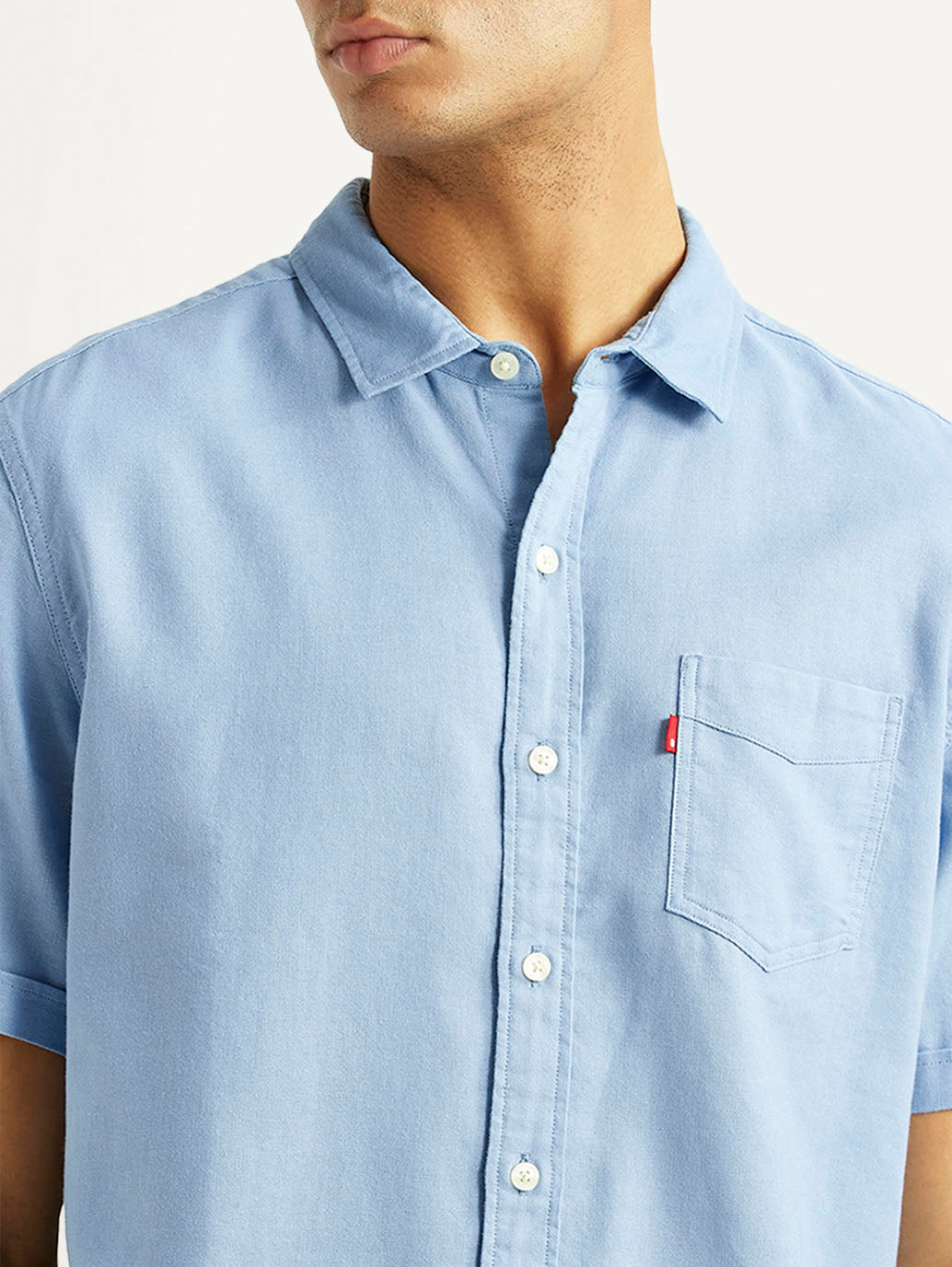 Men's Solid Light Blue Slim Fit Oxford Shirt - Detail View