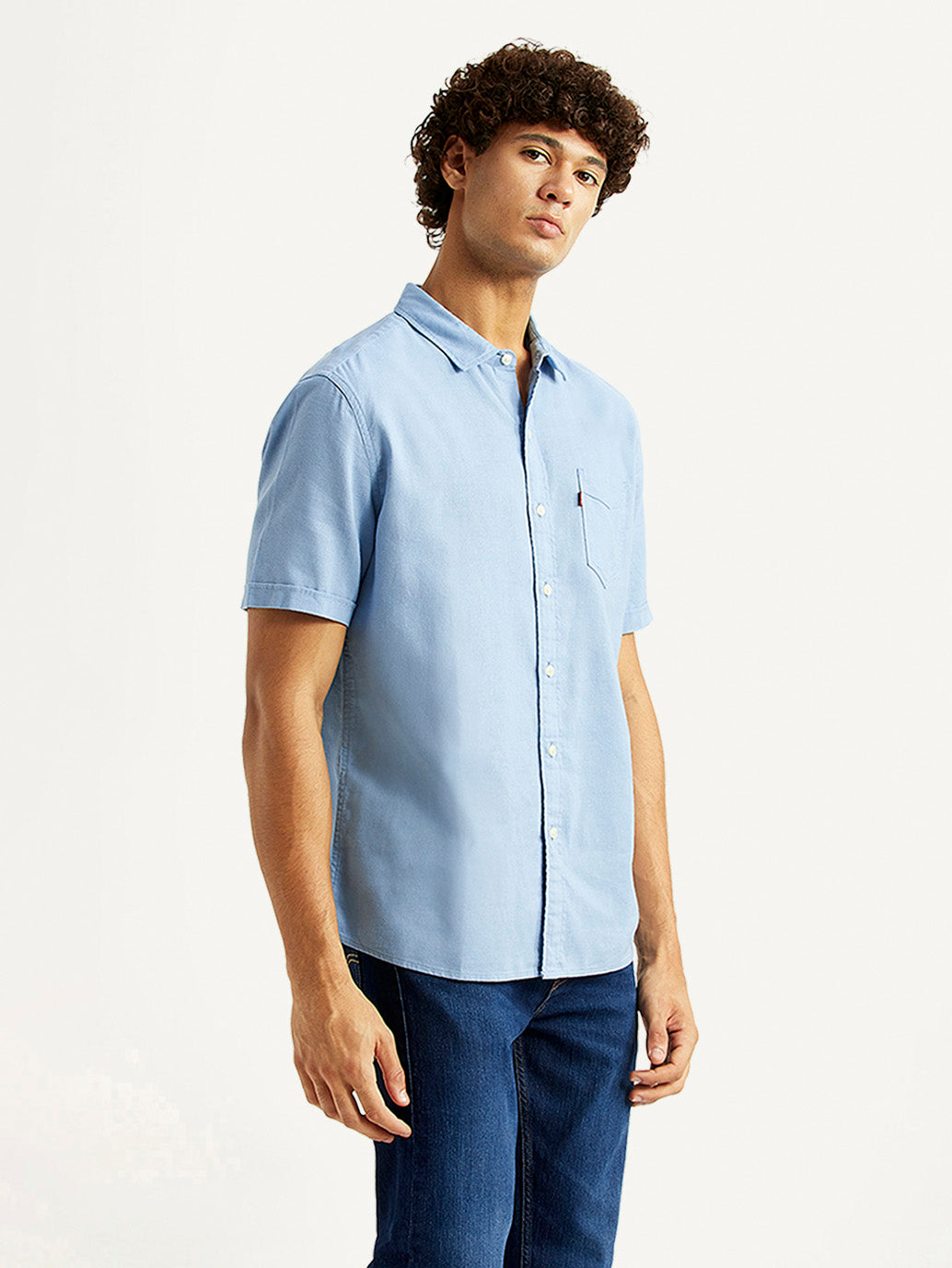Men's Solid Light Blue Slim Fit Oxford Shirt - Side View