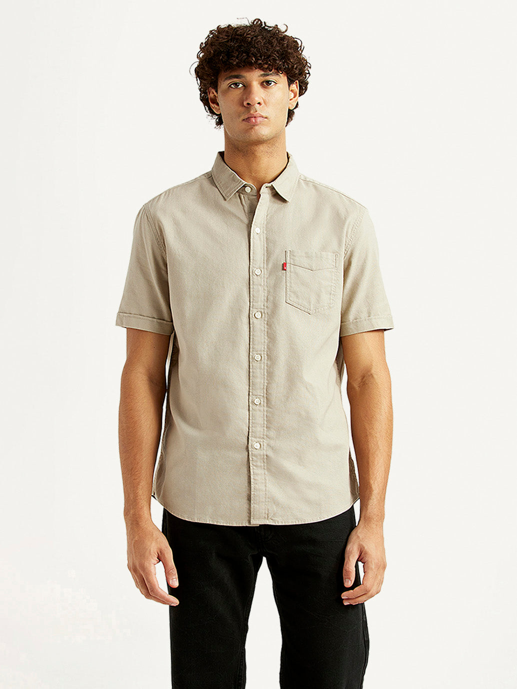Men's Solid Beige Slim Fit Oxford Shirt - Front View