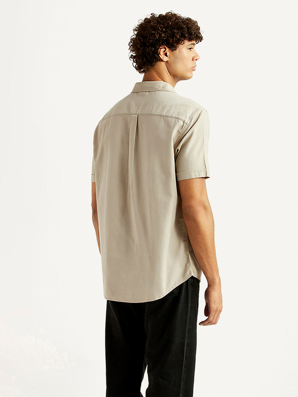 Men's Solid Beige Slim Fit Oxford Shirt - Back View