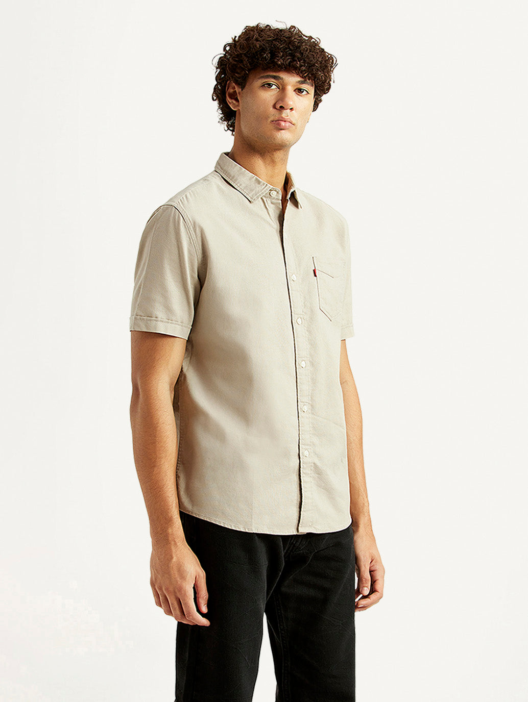 Men's Solid Beige Slim Fit Oxford Shirt - Side View