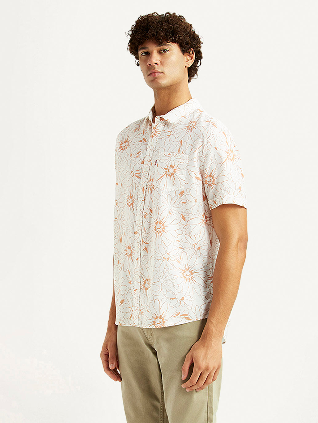 Men's Floral White Slim Fit Shirt - Side View