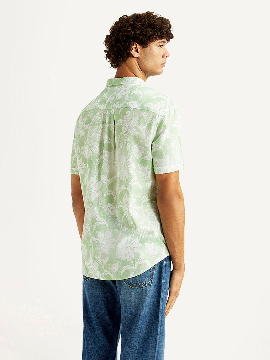 Men's Floral Light Green Slim Fit Shirt - Back View
