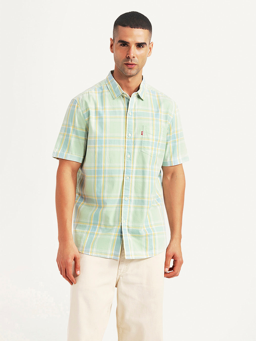 Men's Checkered Green Slim Fit Shirt - Front View