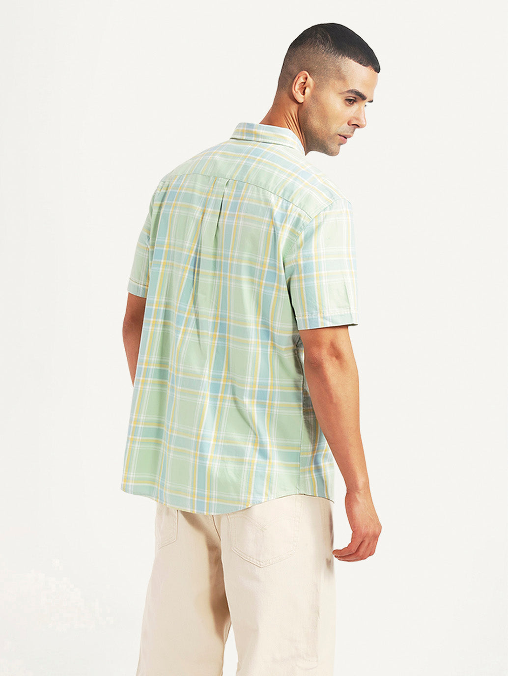 Men's Checkered Green Slim Fit Shirt - Back View