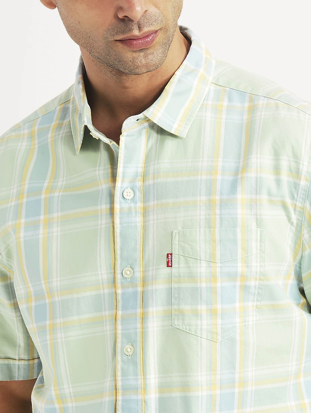 Men's Checkered Green Slim Fit Shirt - Detail View