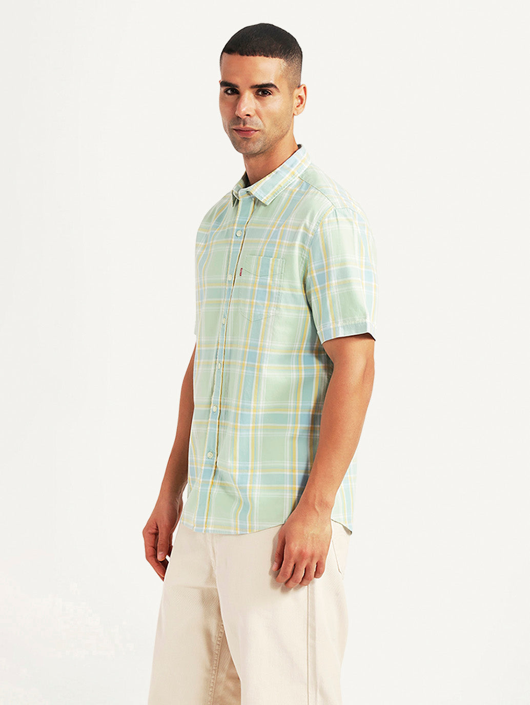 Men's Checkered Green Slim Fit Shirt - Side View