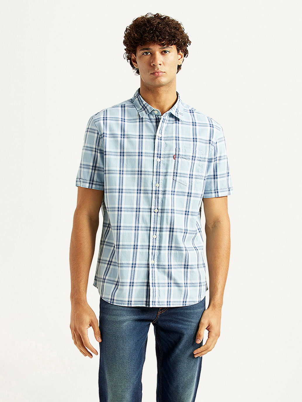 Men's Checkered Light Blue Slim Fit Shirt - Front View