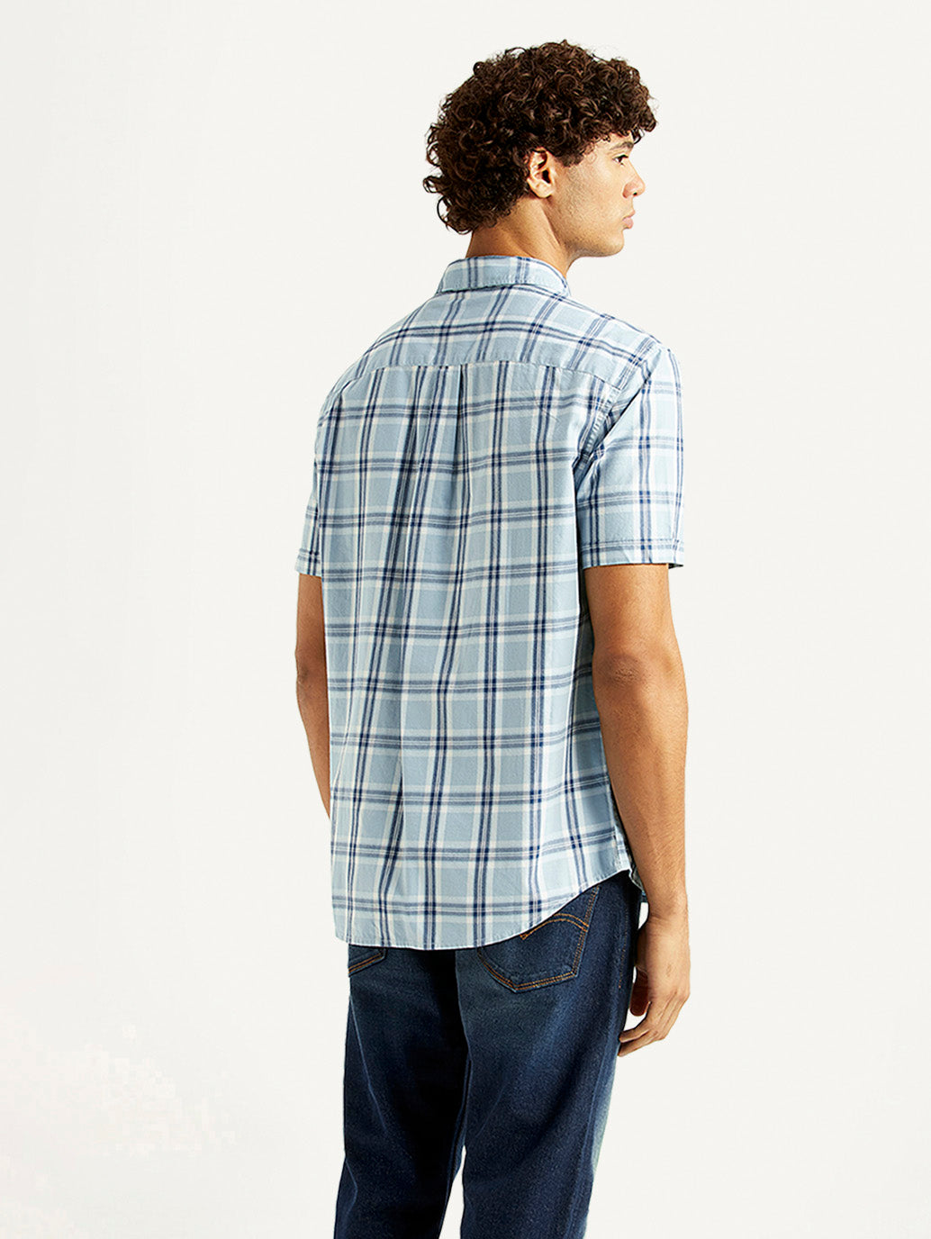 Men's Checkered Light Blue Slim Fit Shirt - Back View