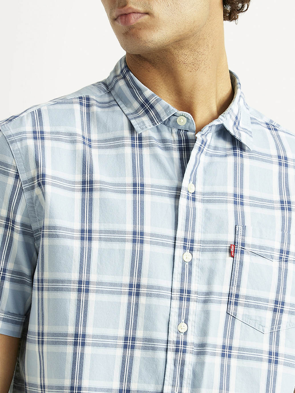 Men's Checkered Light Blue Slim Fit Shirt - Detail View