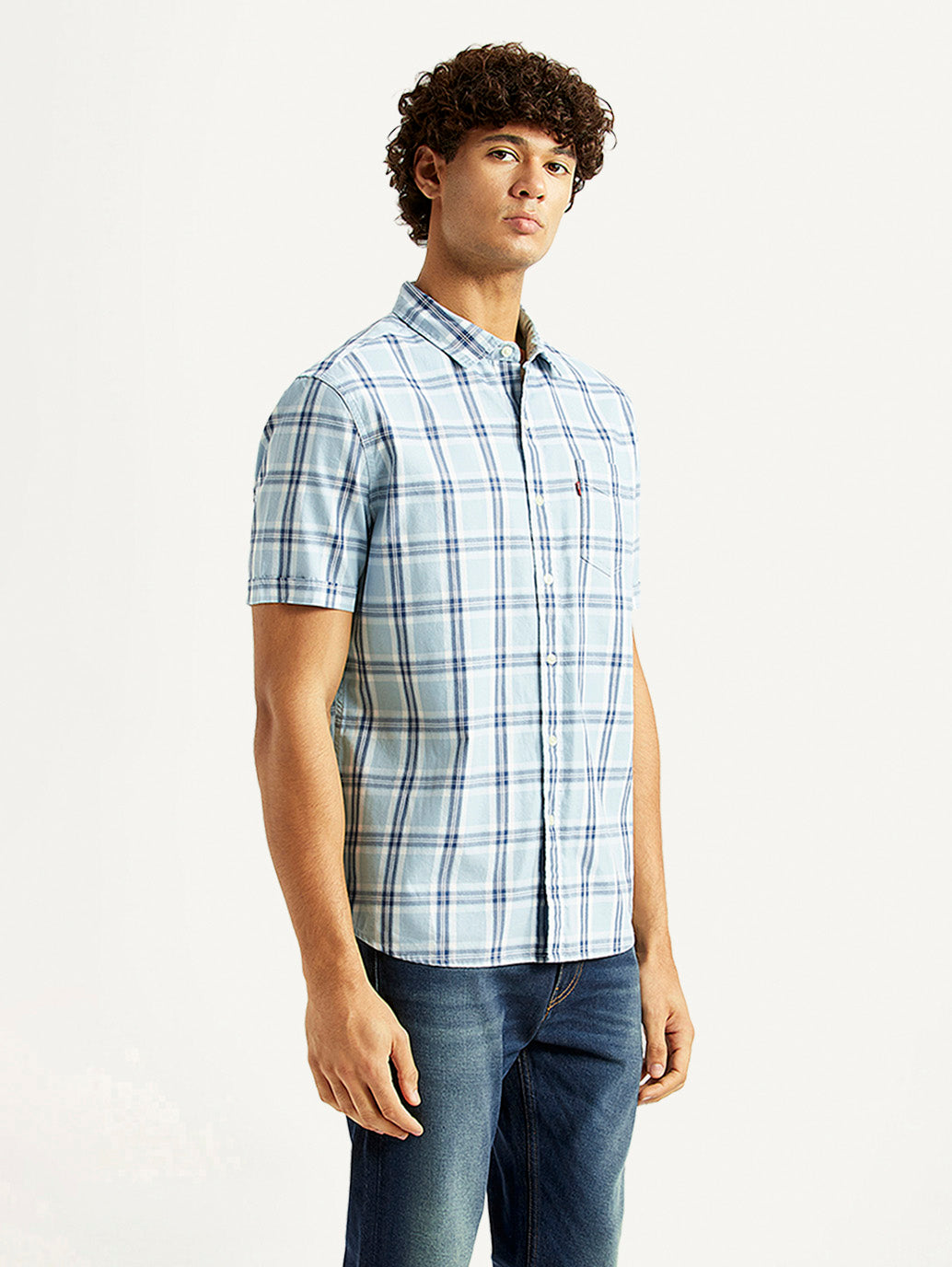 Men's Checkered Light Blue Slim Fit Shirt - Side View